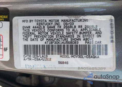 2004 Toyota Camry Xle V6 z USA, uszkodzony, nr VIN 4T1BF30K14U568083